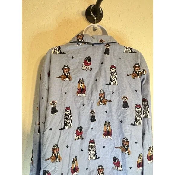 PJ Salvage Pajama Top Women's L Dogs Eyeglasses Flannel Button Up Blue - Picture 7 of 16